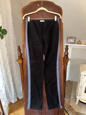New Vintage Moschino black pants blue and white vertical racing stripes size 8